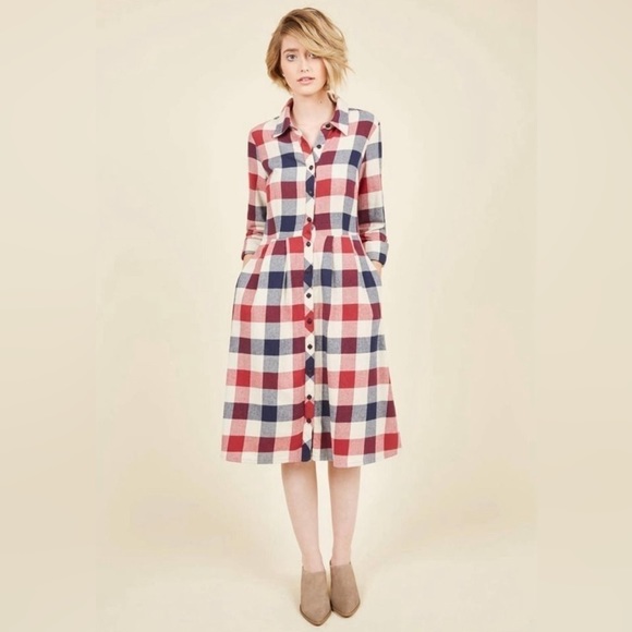 Modcloth Plaid Flannel Jamberry Roll Cuff Sleeve Dress Womens Size Large - Picture 1 of 5